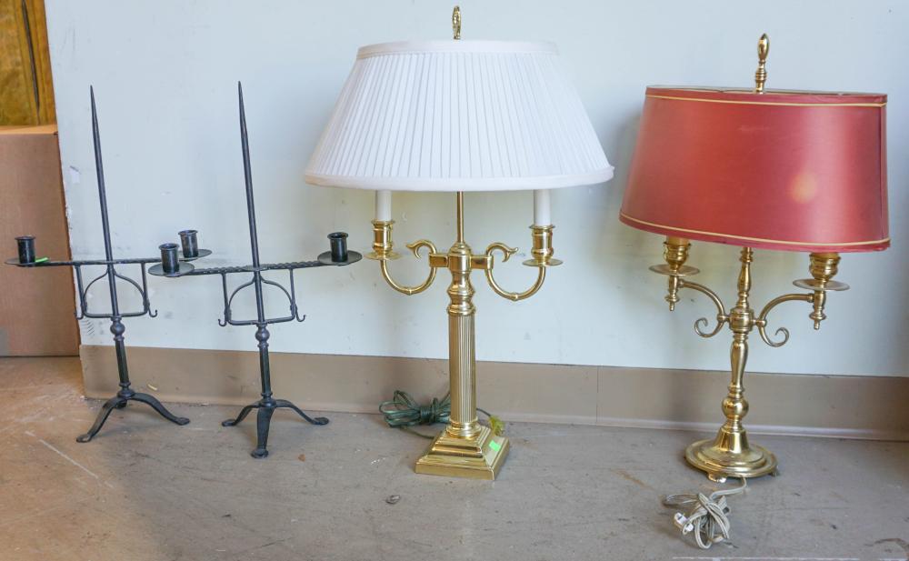 Appraisal: TWO BRASS TWO-LIGHT TABLE LAMPS AND A PAIR OF BLACK