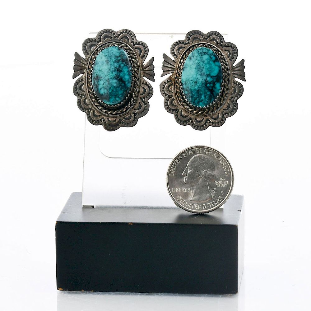 Appraisal: STERLING NATIVE AMERICAN CLIP EARRINGS W TURQUOISE Earrings are L