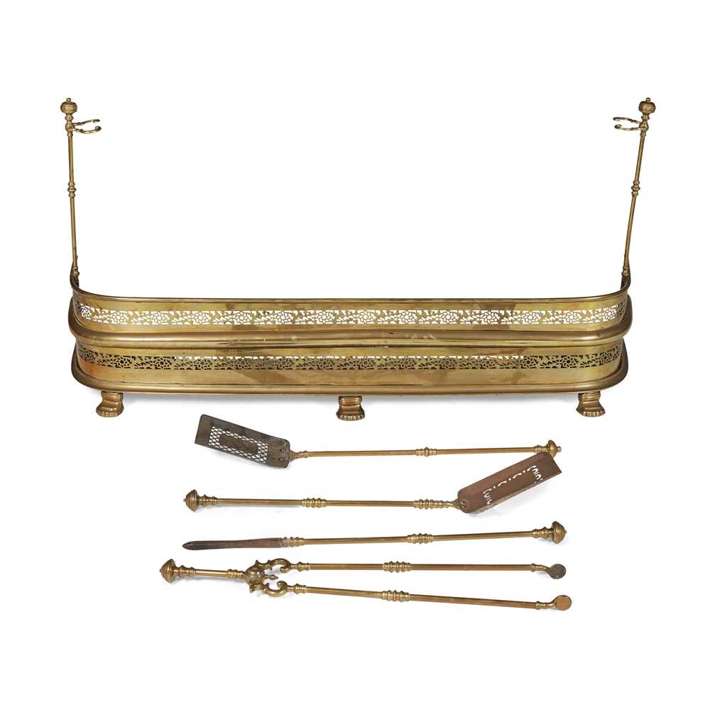 Appraisal: TWO SETS OF BRASS FIRE TOOLS AND A BRASS FENDER