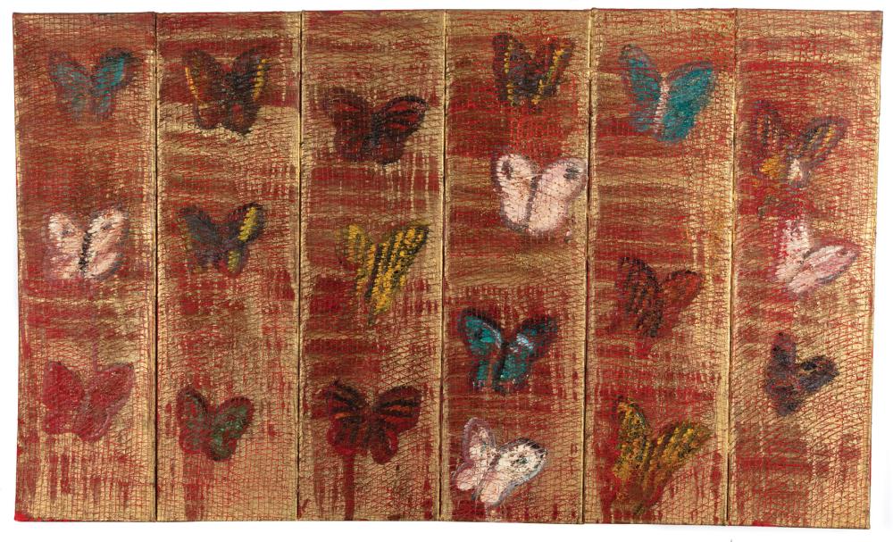 Appraisal: Hunt Slonem American Louisiana b Red Butterflies oil on six-part