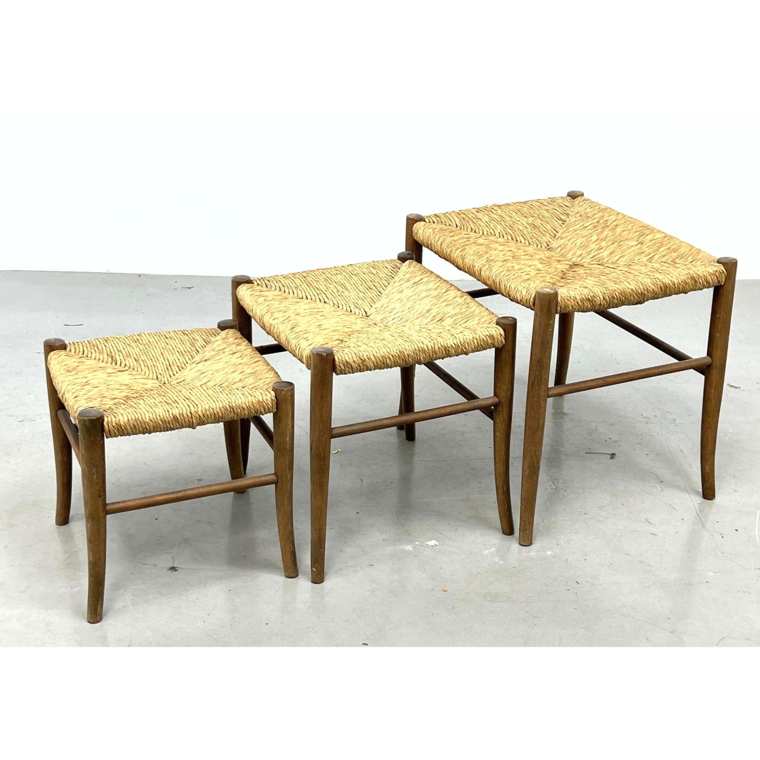 Appraisal: Set Nesting Woven Rush Seat Stools Benches Dimensions H inches