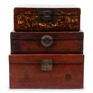 Appraisal: Three Chinese Export Leather-Veneered Trunks Late th Early th Century