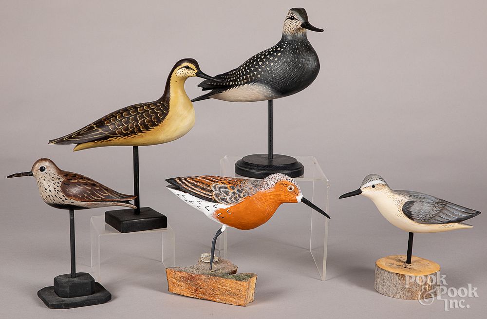 Appraisal: Five carved and painted shorebird decoys Five carved and painted