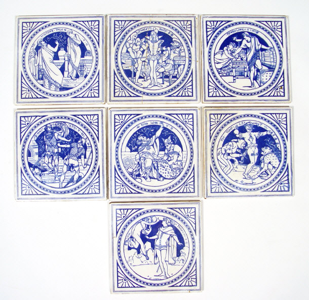 Appraisal: Seven Mintons pottery tiles transfer printed with blue Shakespearian scenes