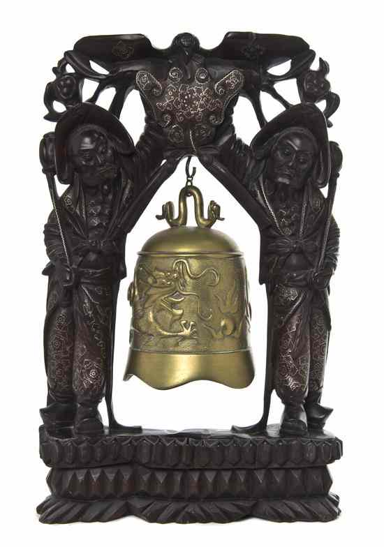 Appraisal: A Chinese Carved Wood Stand with a Brass Bell the