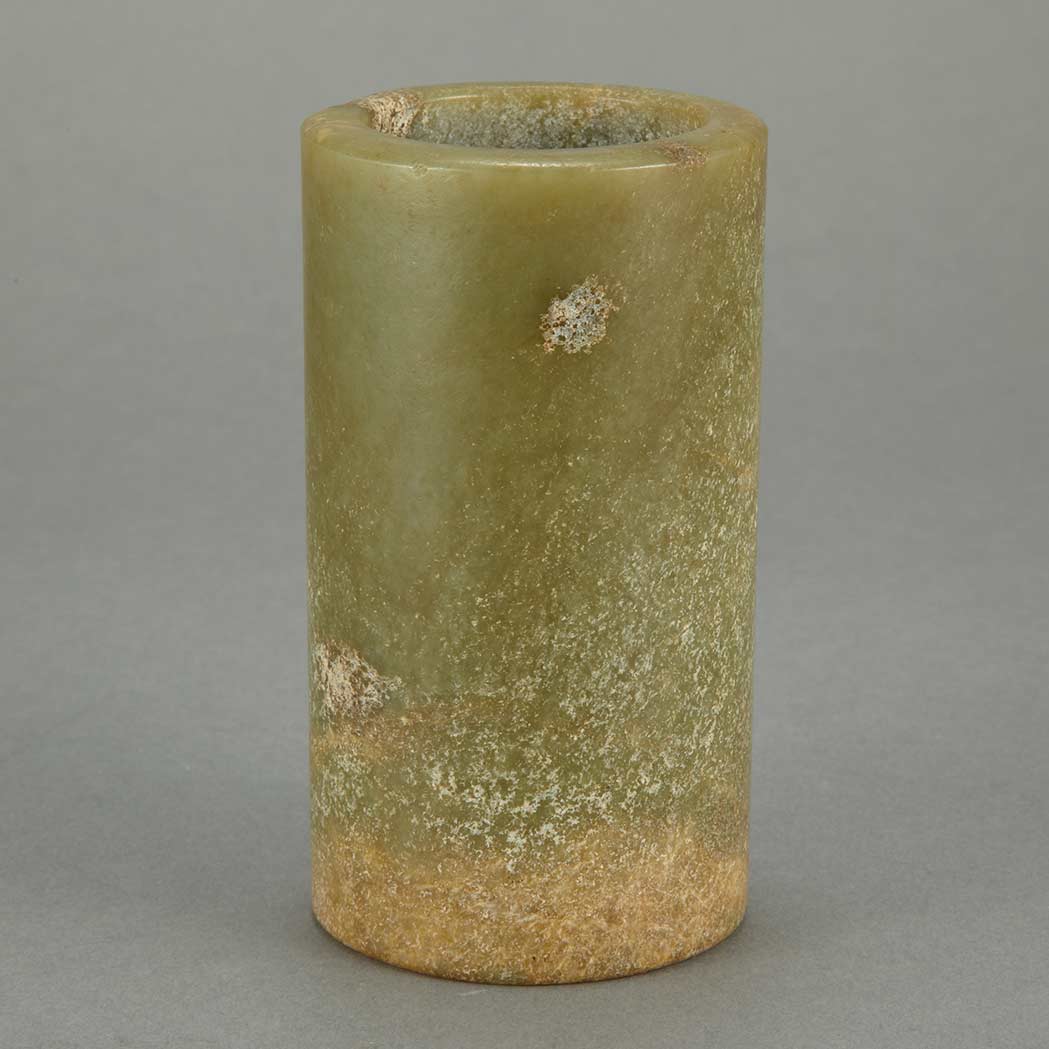 Appraisal: Chinese Jade Brushpot Of cylindrical shape the stone a gray-green