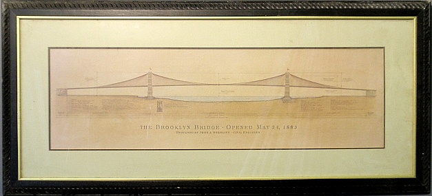 Appraisal: - Framed and matted architectural engineering print The Brooklyn Bridge-