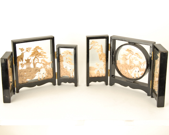 Appraisal: Miniature Asian -part Screens with -Dimensional Scenes H