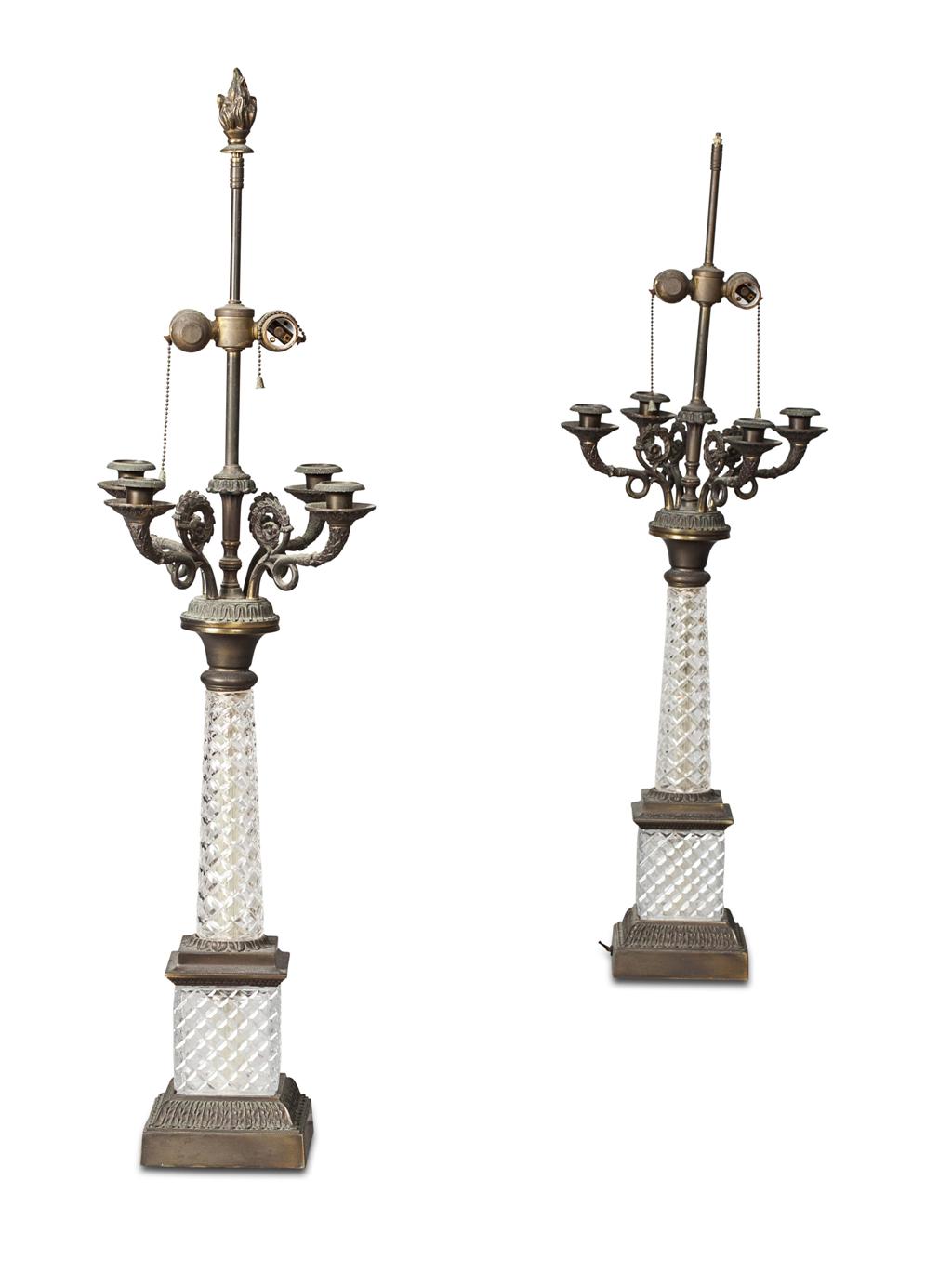 Appraisal: PAIR OF BRASS AND GLASS NEOCLASSICAL STYLE LAMPS EARLY TH