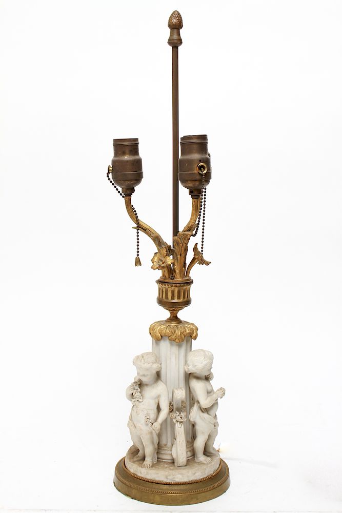 Appraisal: Parian Bisque Porcelain Ormolu Cherub Table Lamp Parian bisque porcelain