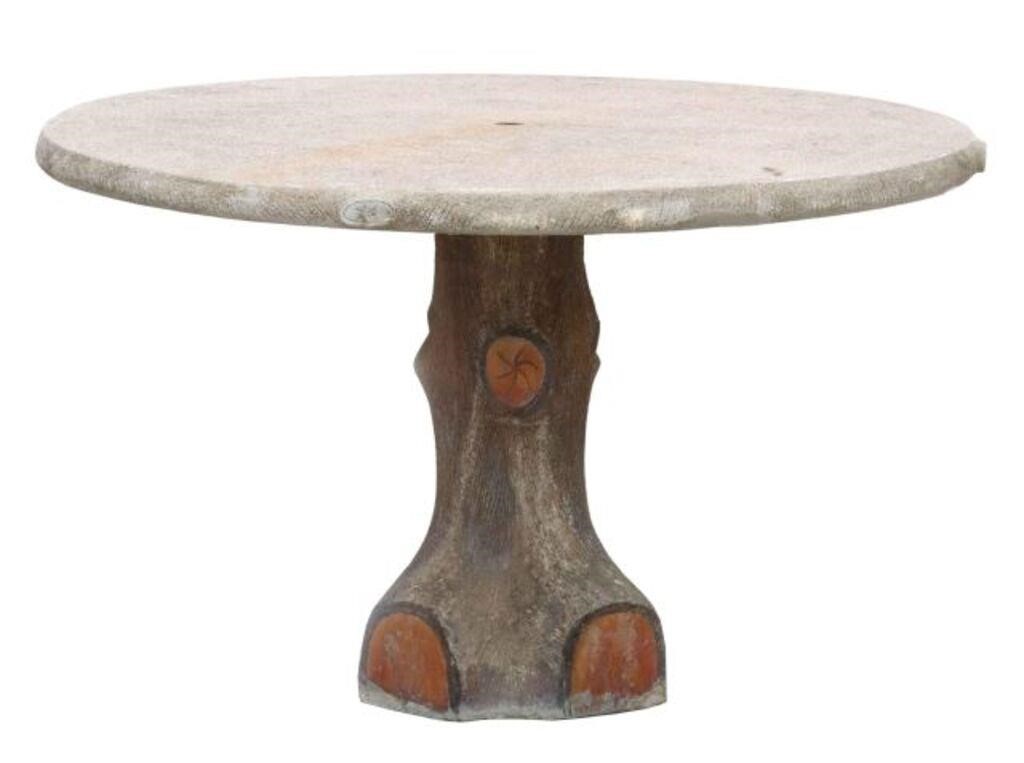 Appraisal: Cast stone faux bois table round top with central umbrella