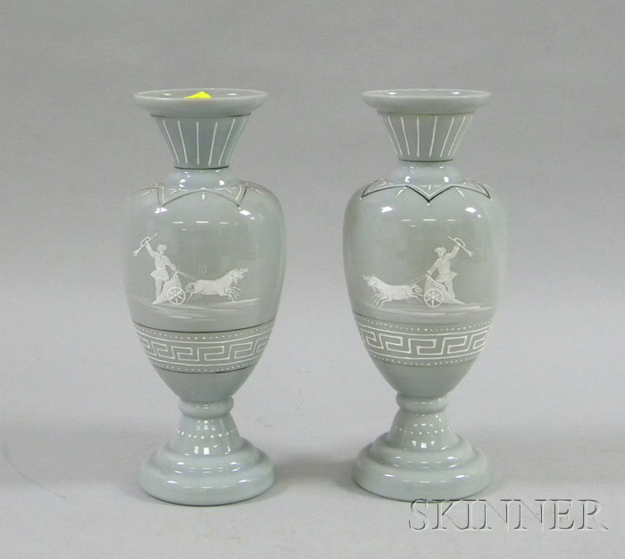 Appraisal: Pair of Bristol Glass Urn-shaped Vases sage green ground with