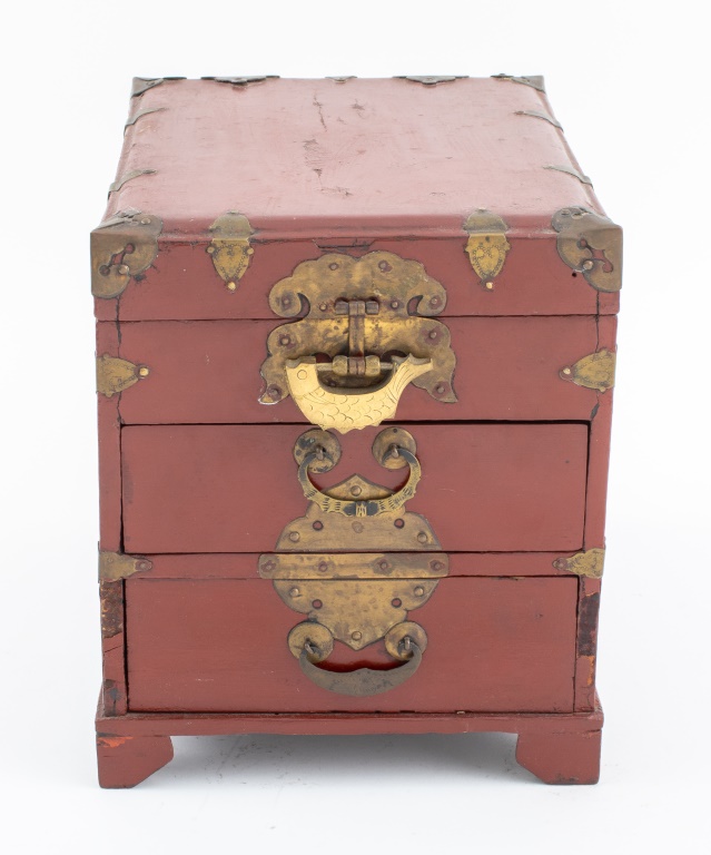 Appraisal: KOREAN RED LACQUERED WOOD CHEST OF TWO DRAWERS Korean Joseon