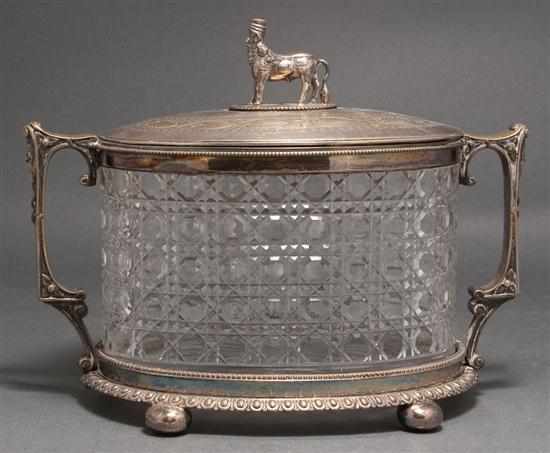 Appraisal: English Persian style silver-plate and cut glass biscuit jar third