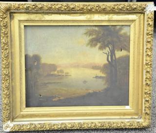 Appraisal: Two framed th th century oil on canvas primitive landscapes