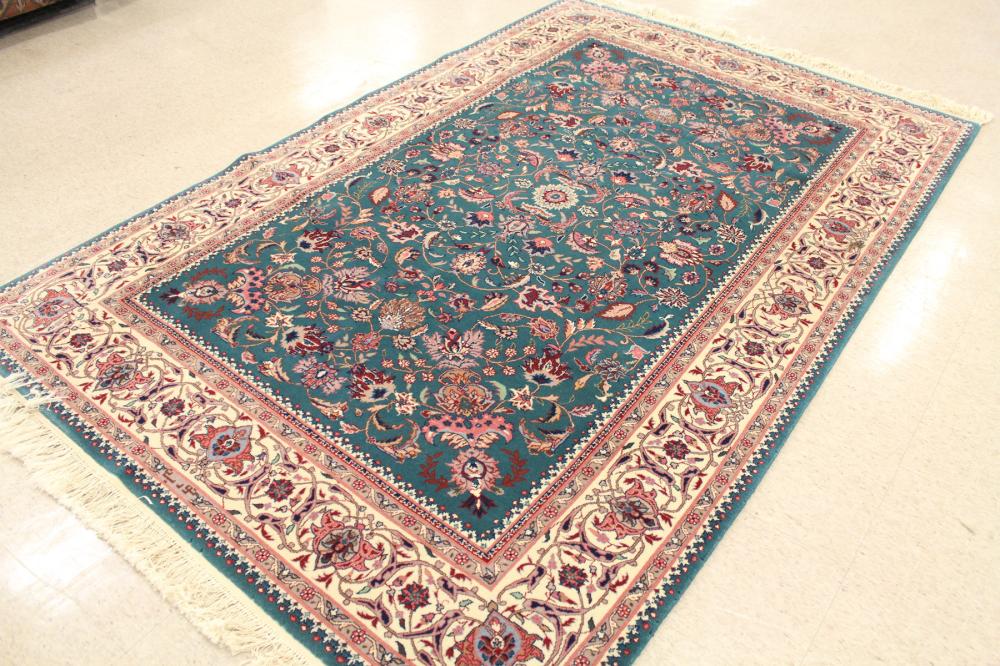 Appraisal: HAND KNOTTED ORIENTAL RUG Indo-Persian overall floral design on green