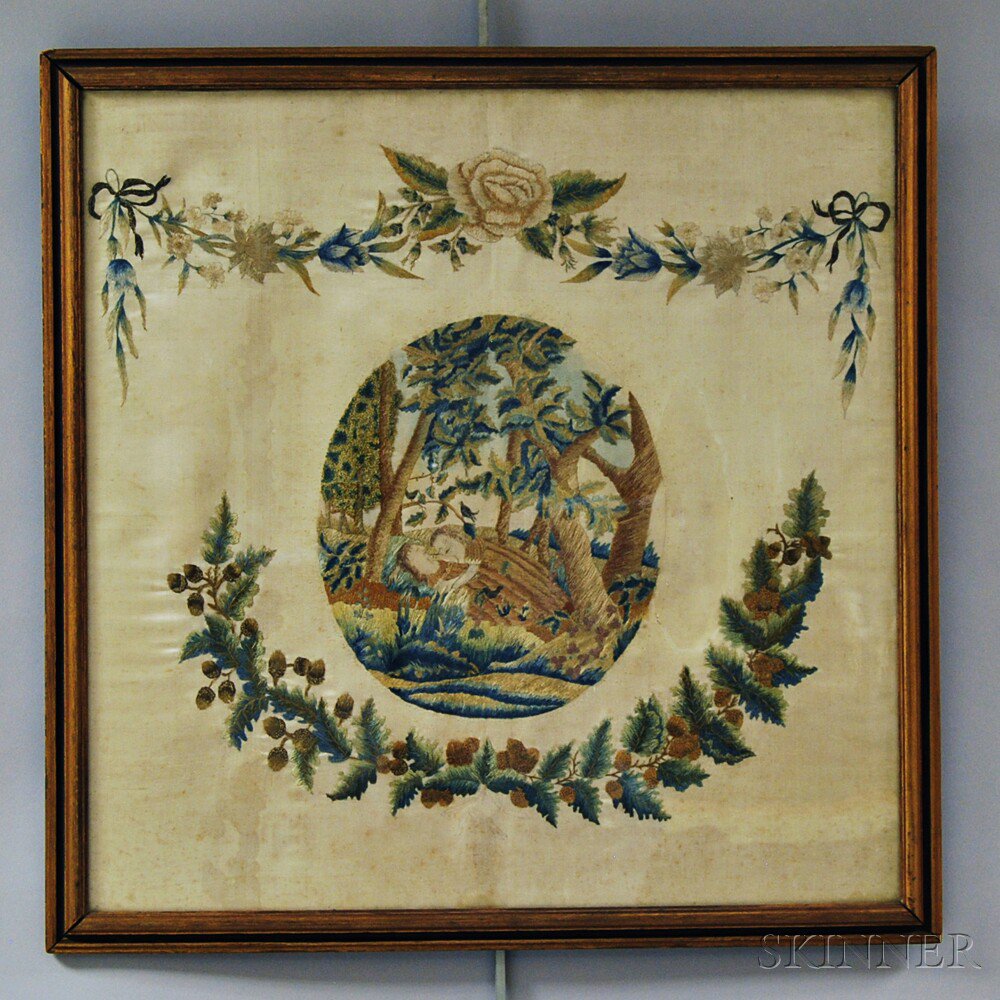 Appraisal: Framed Silk Needlework Picture probably England th century the central