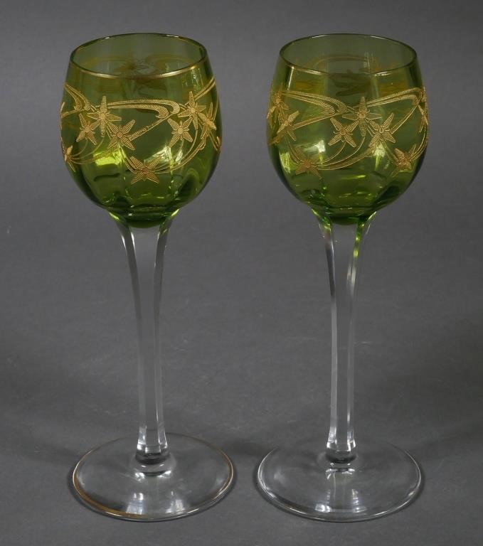 Appraisal: MOSER STYLE CUT GLASS WINE HOCKSPair of matched design green