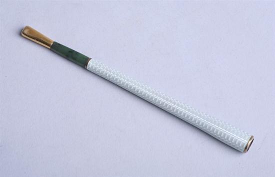 Appraisal: RUSSIAN GOLD NEPHRITE JADE AND GUILLOCHE ENAMEL CIGARETTE HOLDER mark