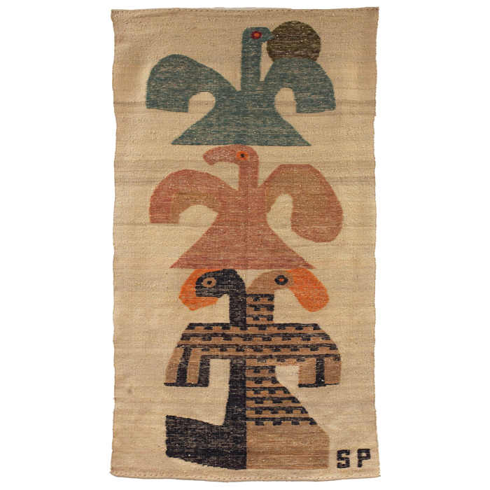 Appraisal: Modernist tapestry artist unknown hand-woven wool bird motif woven initials