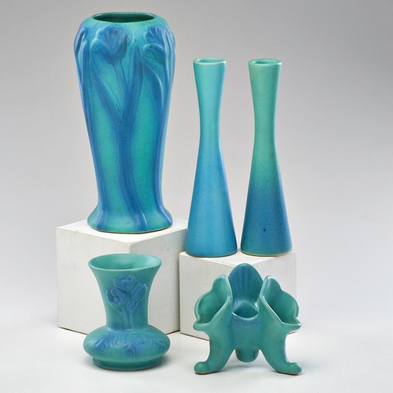 Appraisal: VAN BRIGGLE Five vases in Ming Blue glaze triple cornucopia