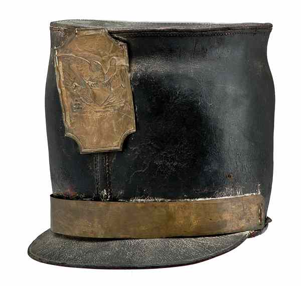 Appraisal: U S Leather Militia Bell Shako Brass front plate with