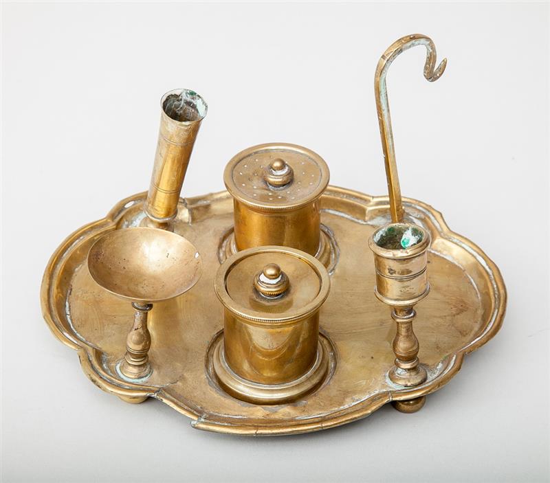 Appraisal: Continental Brass Inkwell With inkwell sander candleholder vase hook and