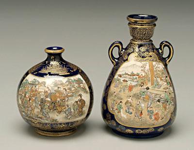 Appraisal: Two Japanese satsuma vases both polychrome and gilt cobalt grounds