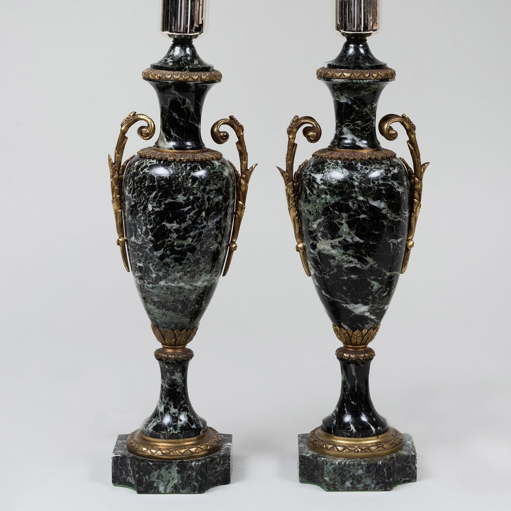 Appraisal: Pair of Louis XVI Style Gilt-Bronze Mounted Marble Urns Mounted