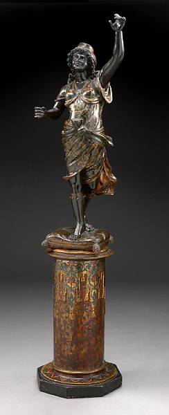 Appraisal: A Venetian polychrome decorated ebonized figure on pedestal fourth quarter