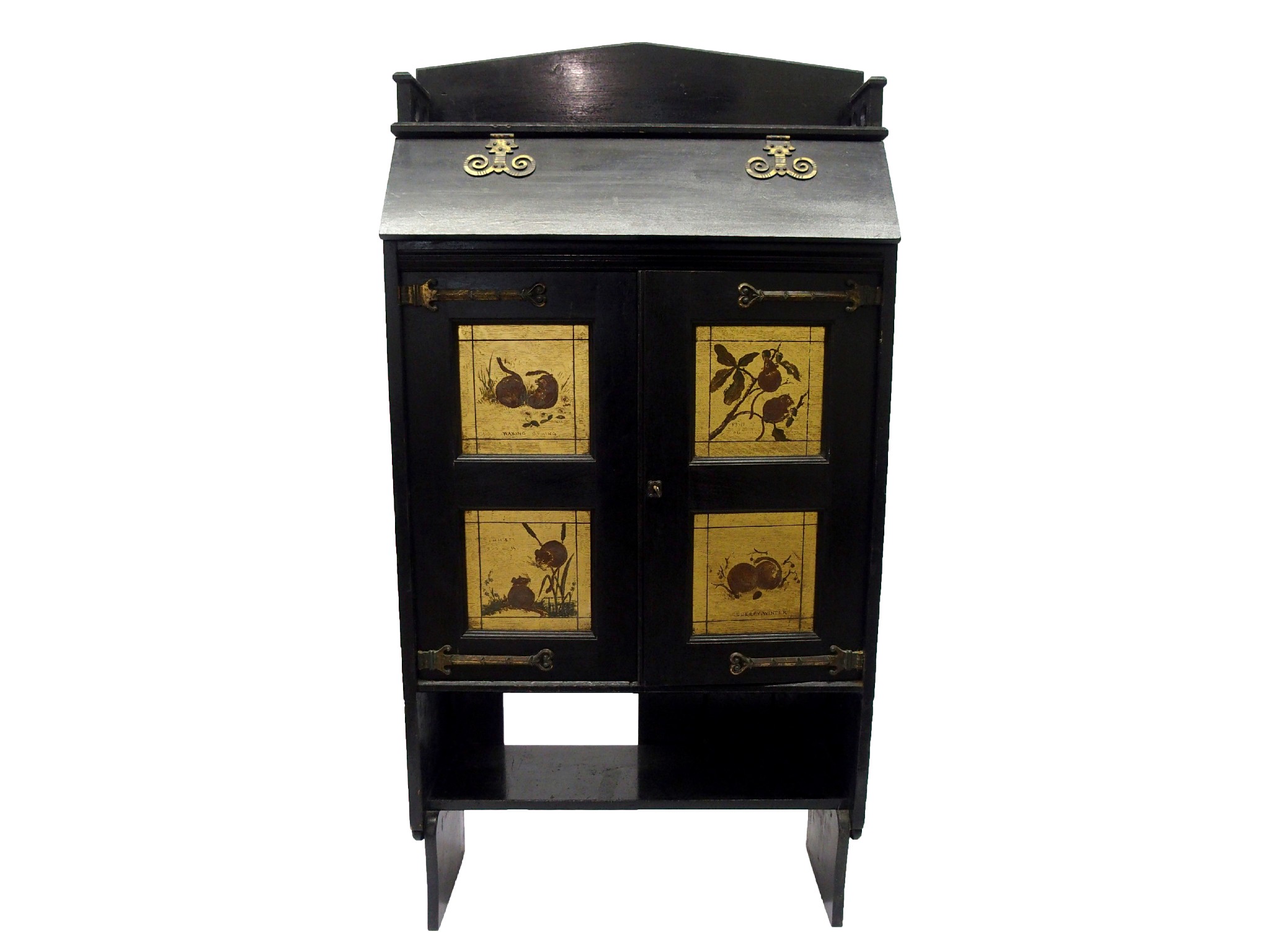 Appraisal: An Aesthetic movement ebonised and painted cabinetwith hinged flap above