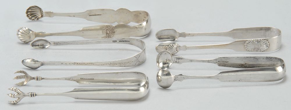 Appraisal: FIVE PAIRS OF COIN SILVER SUGAR TONGS th CenturyChinese export