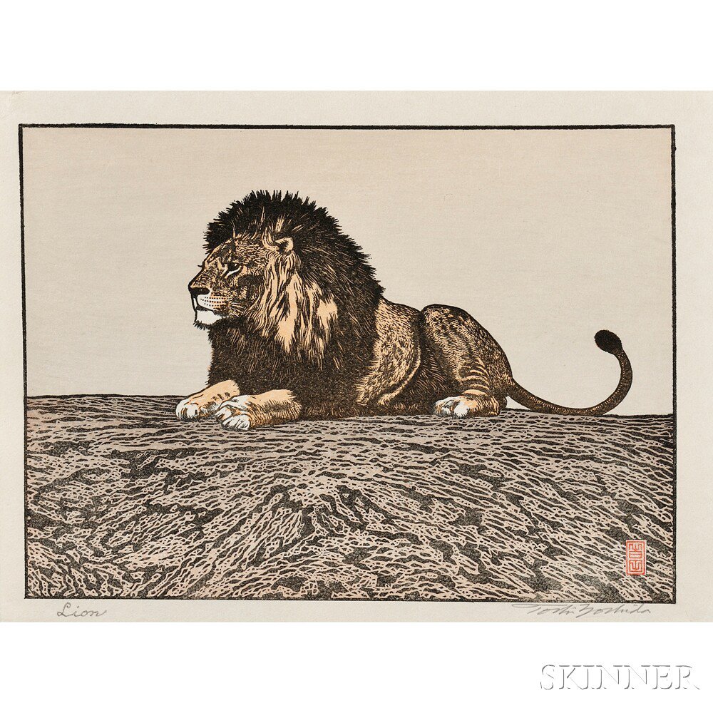 Appraisal: Toshi Yoshida - Lion Japan color woodblock print sealed printed