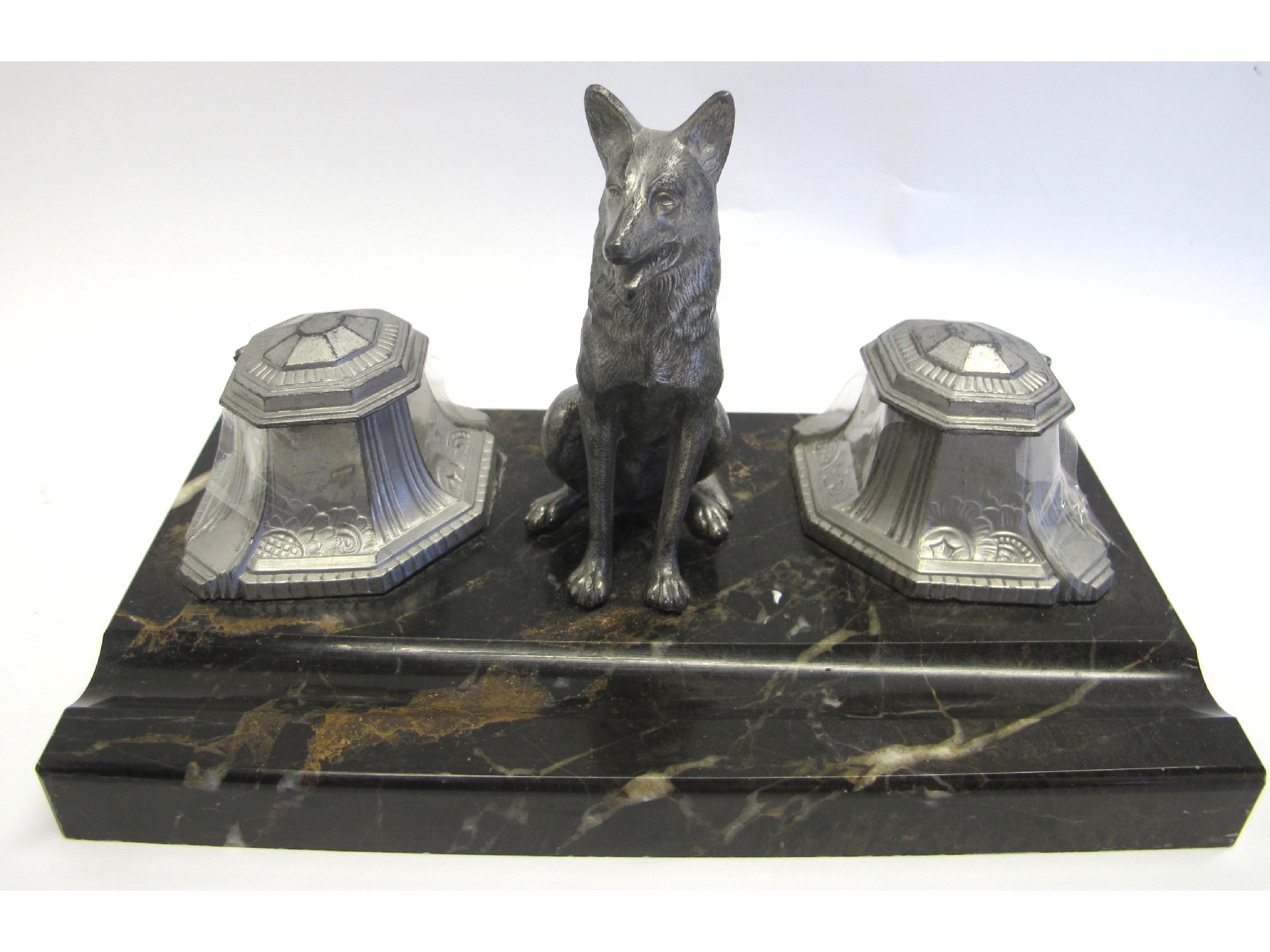 Appraisal: Silvered metal and marble inkstand