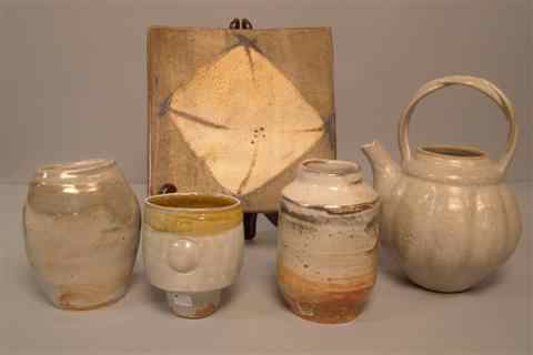 Appraisal: THREE PALE GREY-GLAZED STONEWARE ITEMS Including a fluted teapot with