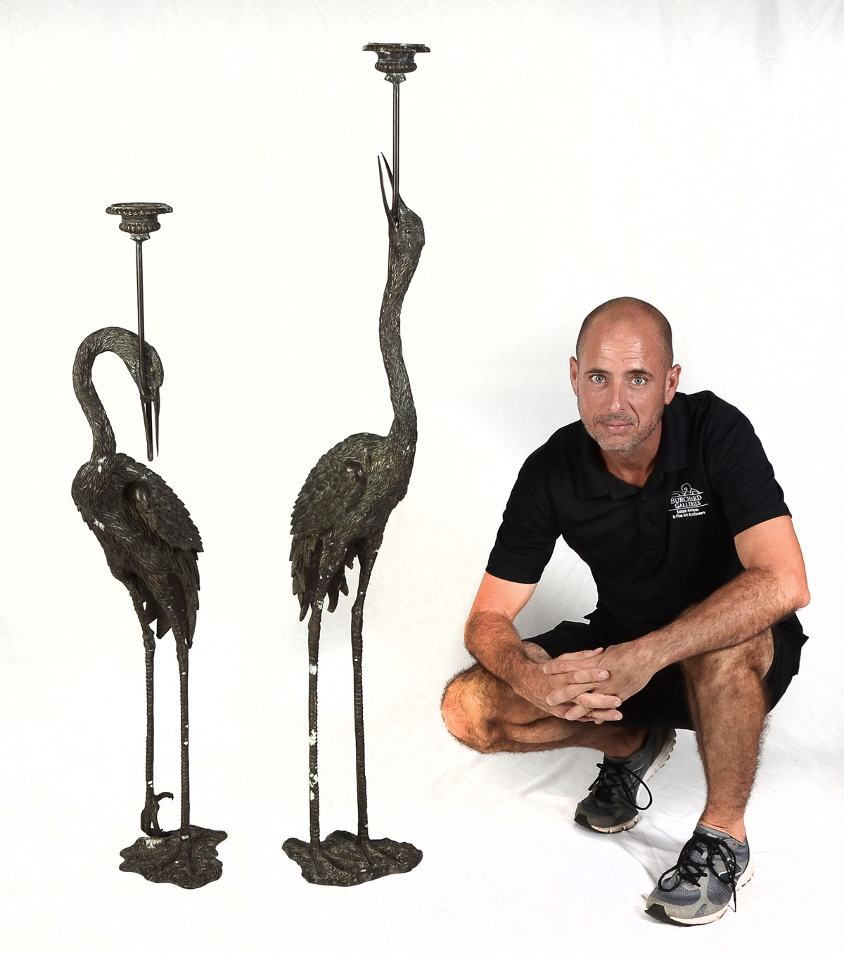 Appraisal: TWO NEARLY LIFE SIZE SAND HILL CRANE PATINATED BRONZE CANDLE