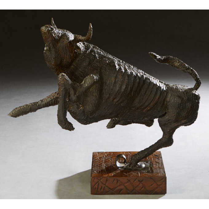 Appraisal: Strada Piero - Galloping Bull patinated iron on a metal