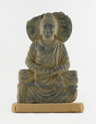 Appraisal: A Gandh ra style grey schist figure of Buddha seated