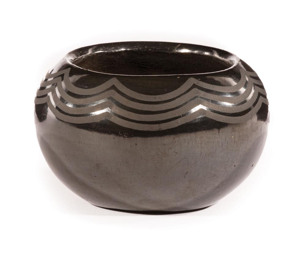 Appraisal: San Ildefonso Black Pottery Vase c signed Marie Julian globular