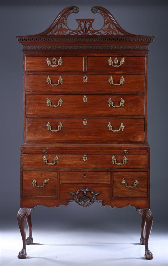 Appraisal: GEORGE III MAHOGANY HIGHBOY th century with gilt-metal bail-pull hardware