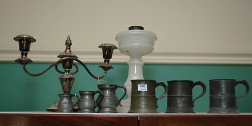 Appraisal: A GROUP OF SIX PEWTER STEINES SILVER PLATE CANDELABRA AND