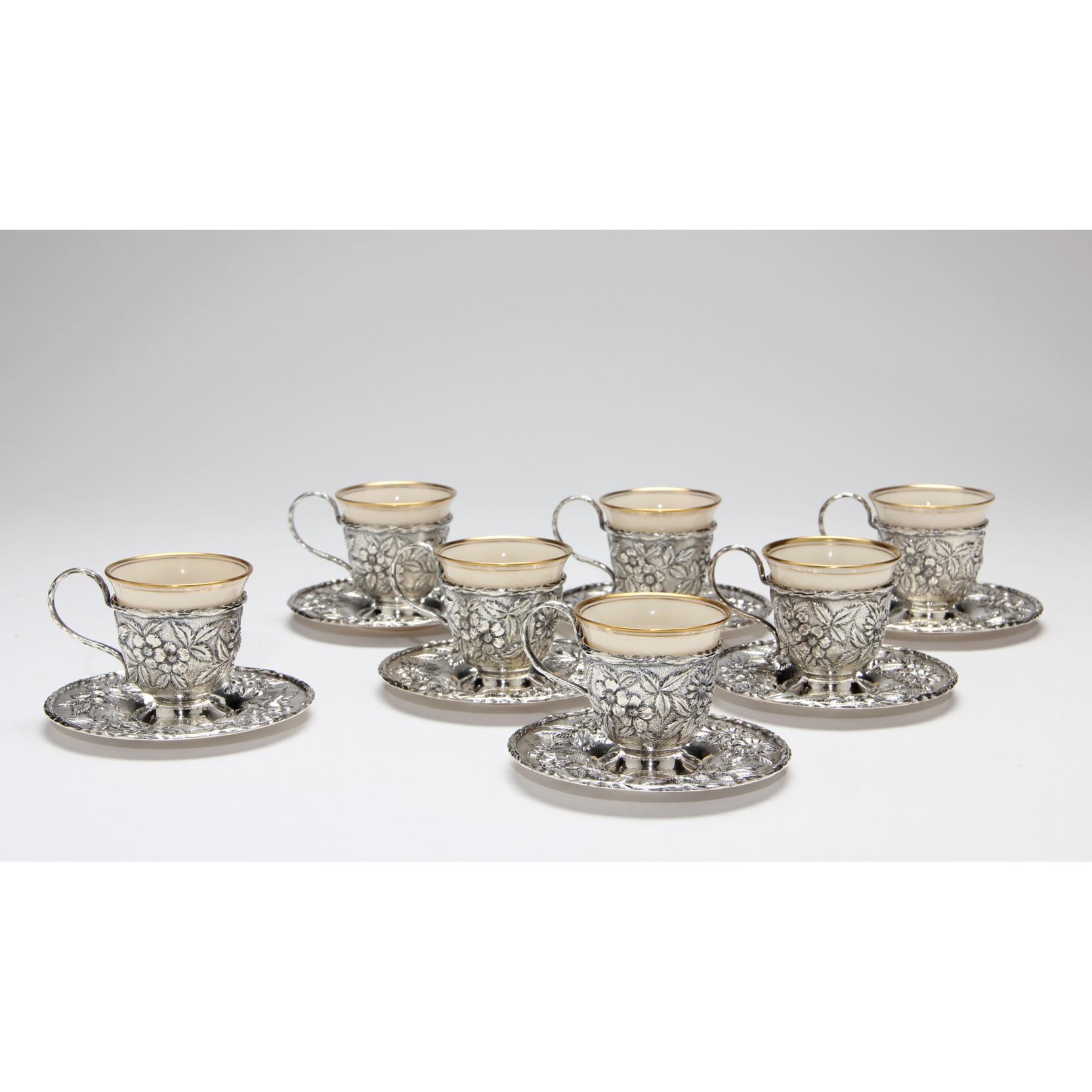 Appraisal: S Kirk Son Repousse Sterling Silver Demitasse Cups Saucers including