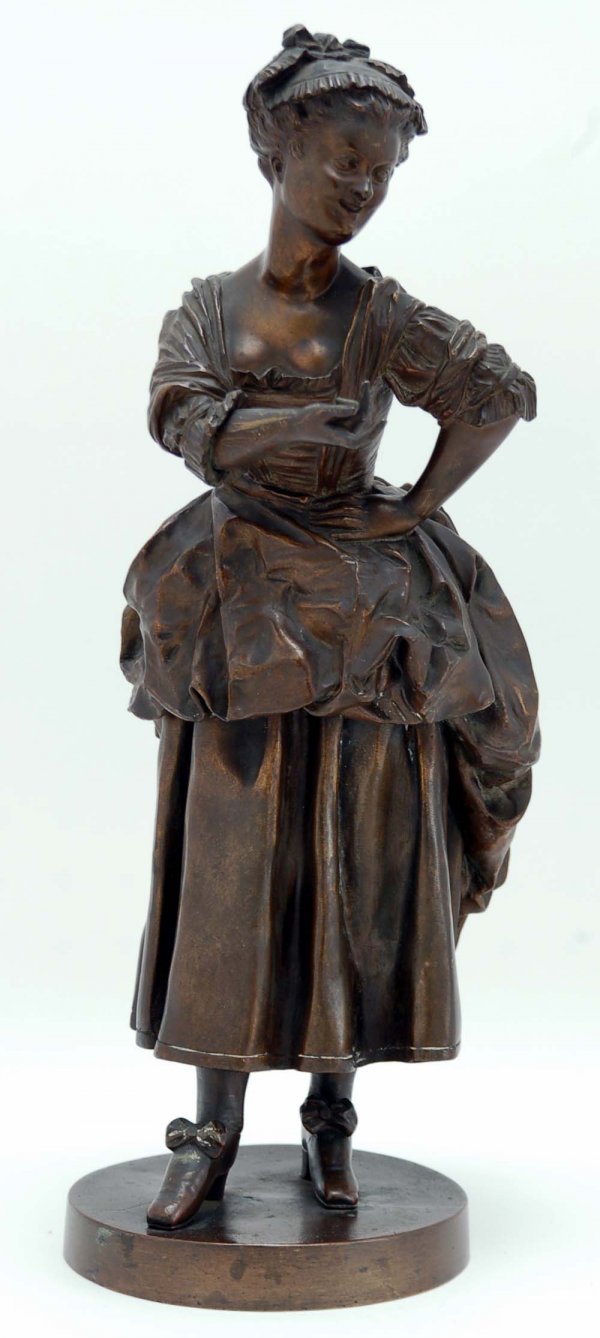 Appraisal: A bronze sculpture of a lady in period dress on