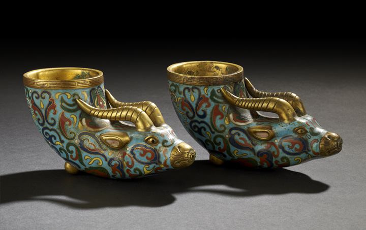 Appraisal: Pair of Chinese Cloisonne Rhyton Cups th century each in