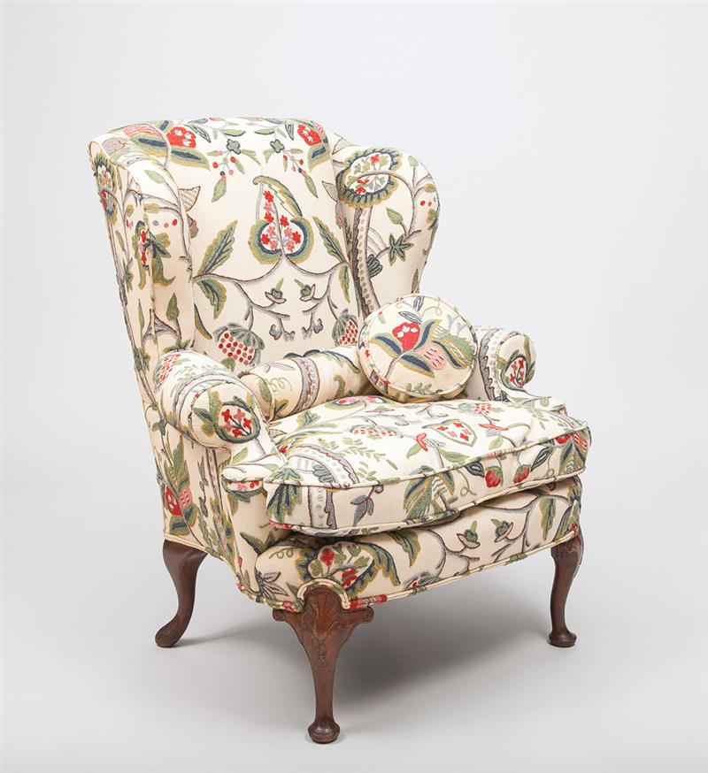 Appraisal: George II Style Carved Mahogany Wing Chair With crewelwork upholstery