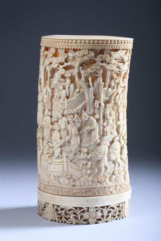 Appraisal: CHINESE IVORY BRUSH HOLDER BITONG Qing Dynasty Carved to depict