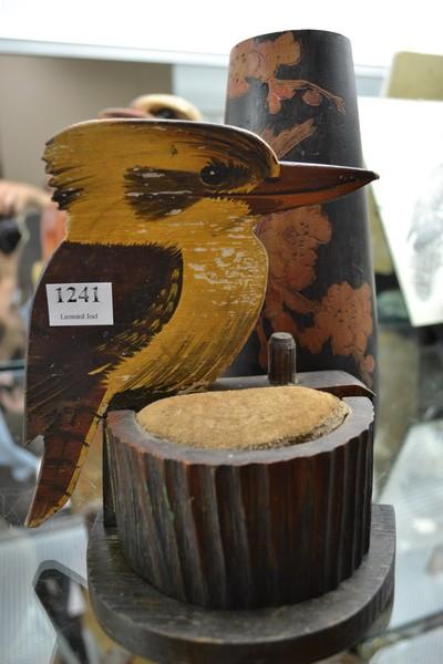 Appraisal: A DECO KOOKABURRA WOODWORK PIN CUSHION AND POKERWORK PIECE