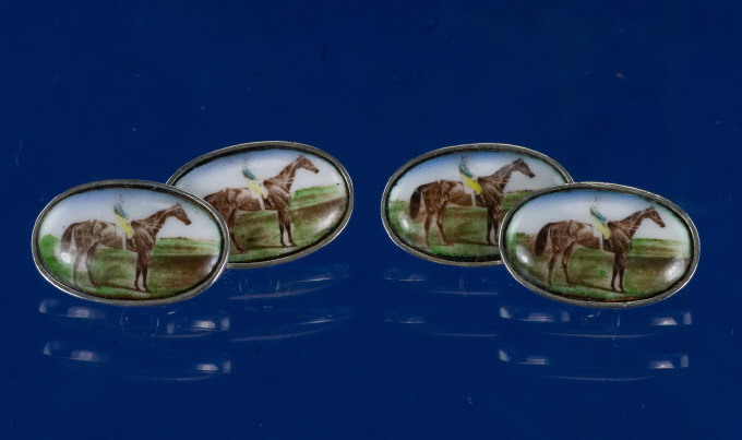 Appraisal: Silver Oval Cufflinks Showing Scenes Of Race Horses With Chain