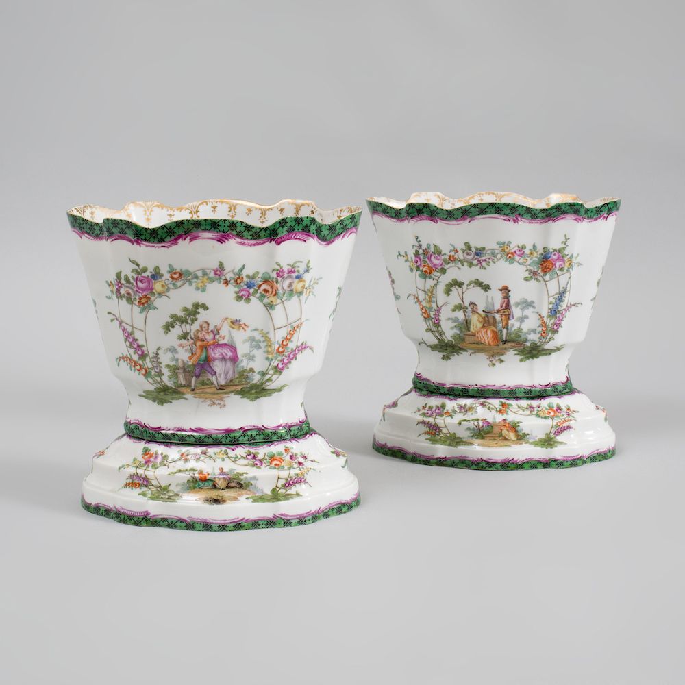 Appraisal: Pair of Meissen Porcelain Cachepots and Stands Each stand with