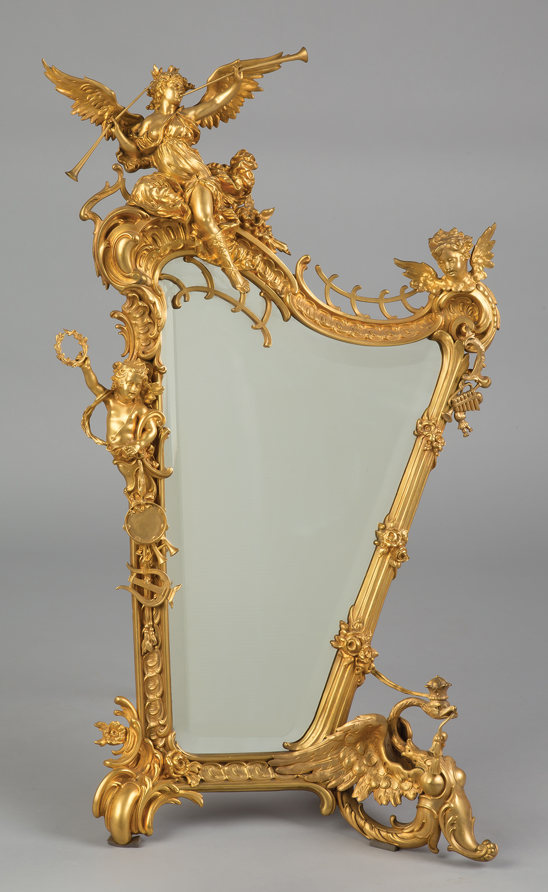 Appraisal: A Fine Gilt Bronze Harp Form Mirror th century Cherubs